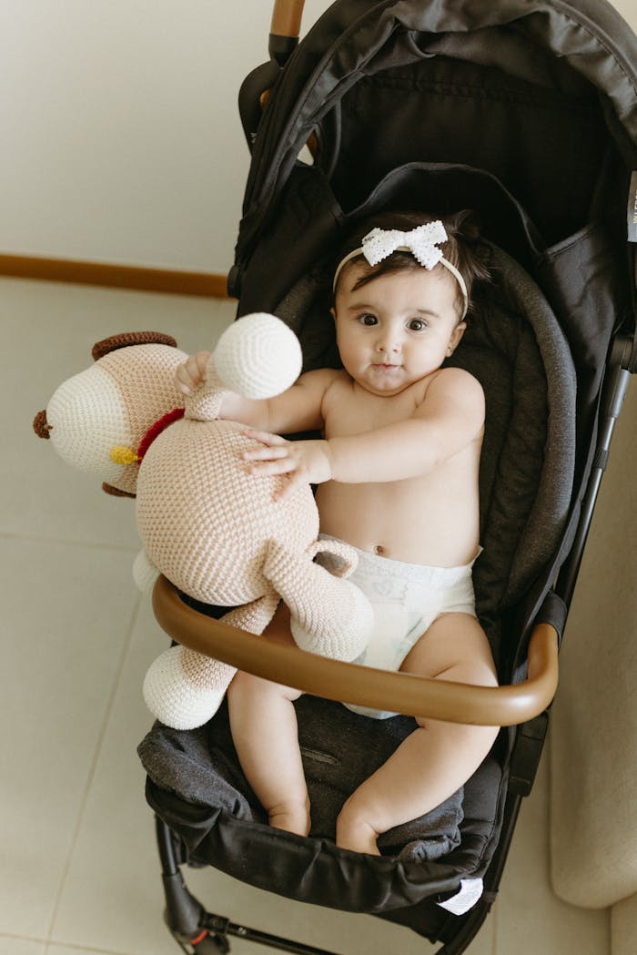 Adorable baby girl sitting in stroller, holding a plush toy, wearing a hairband.